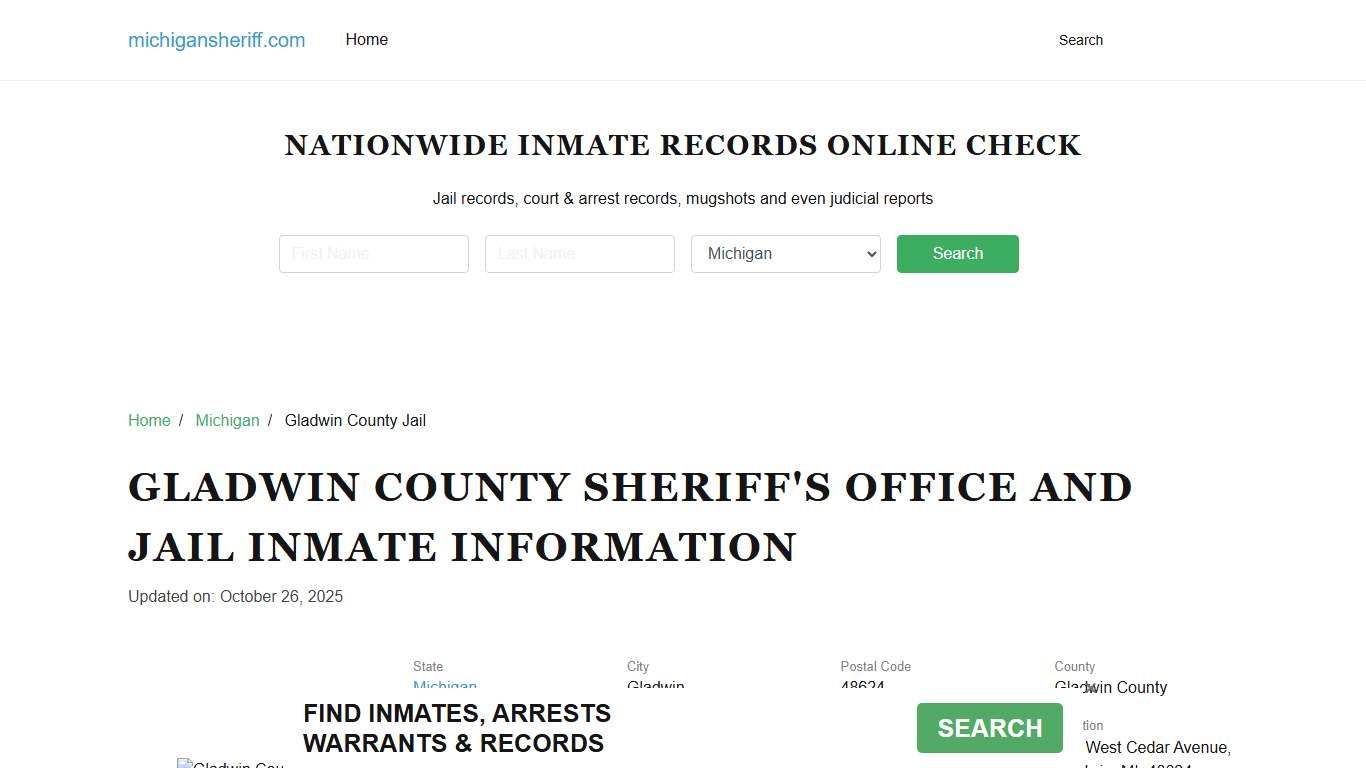 Gladwin County Sheriff, Michigan, Jail Inmate Search